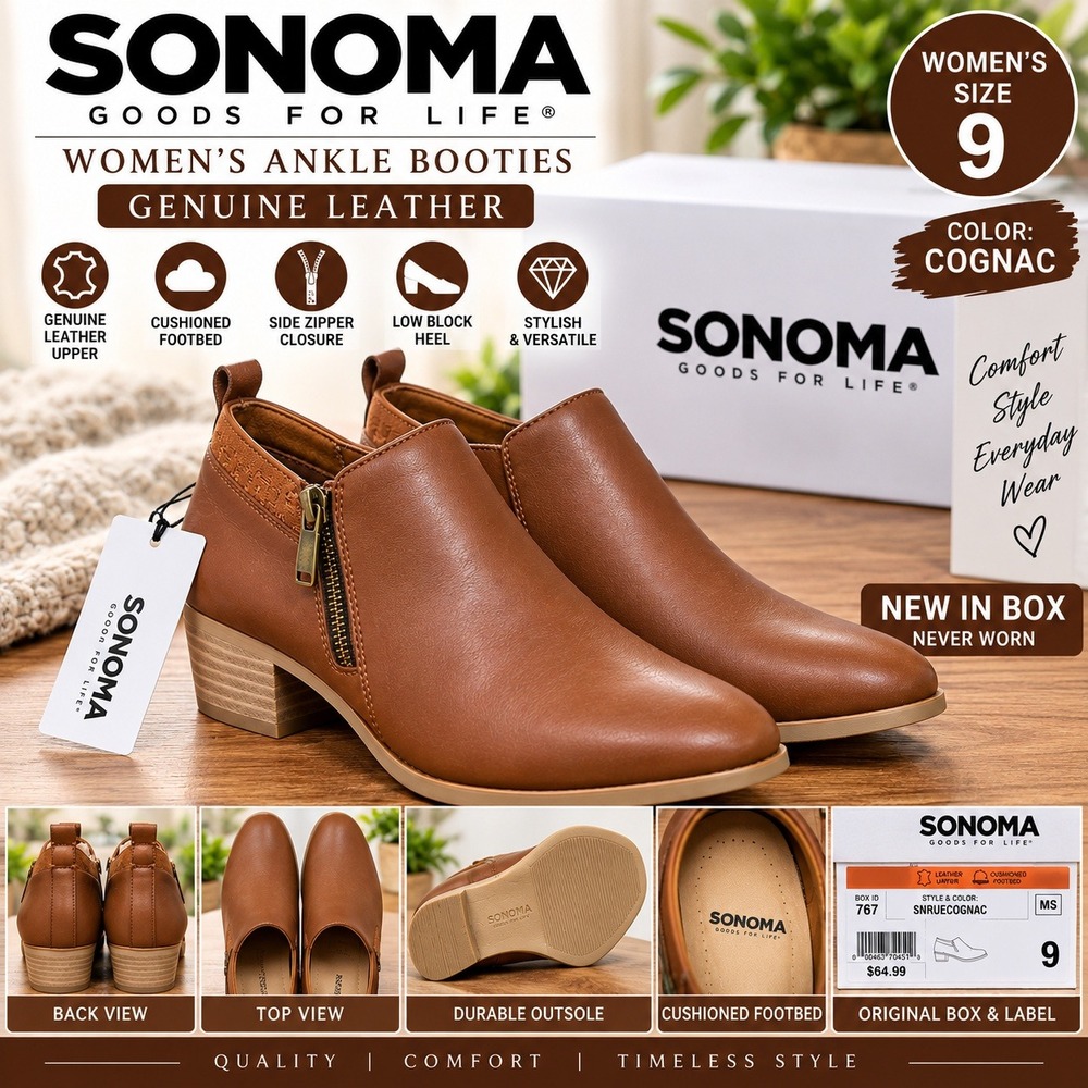 Sonoma Goods For Life Womens Leather Ankle Booties Cognac SNRUECOGNAC Size 9